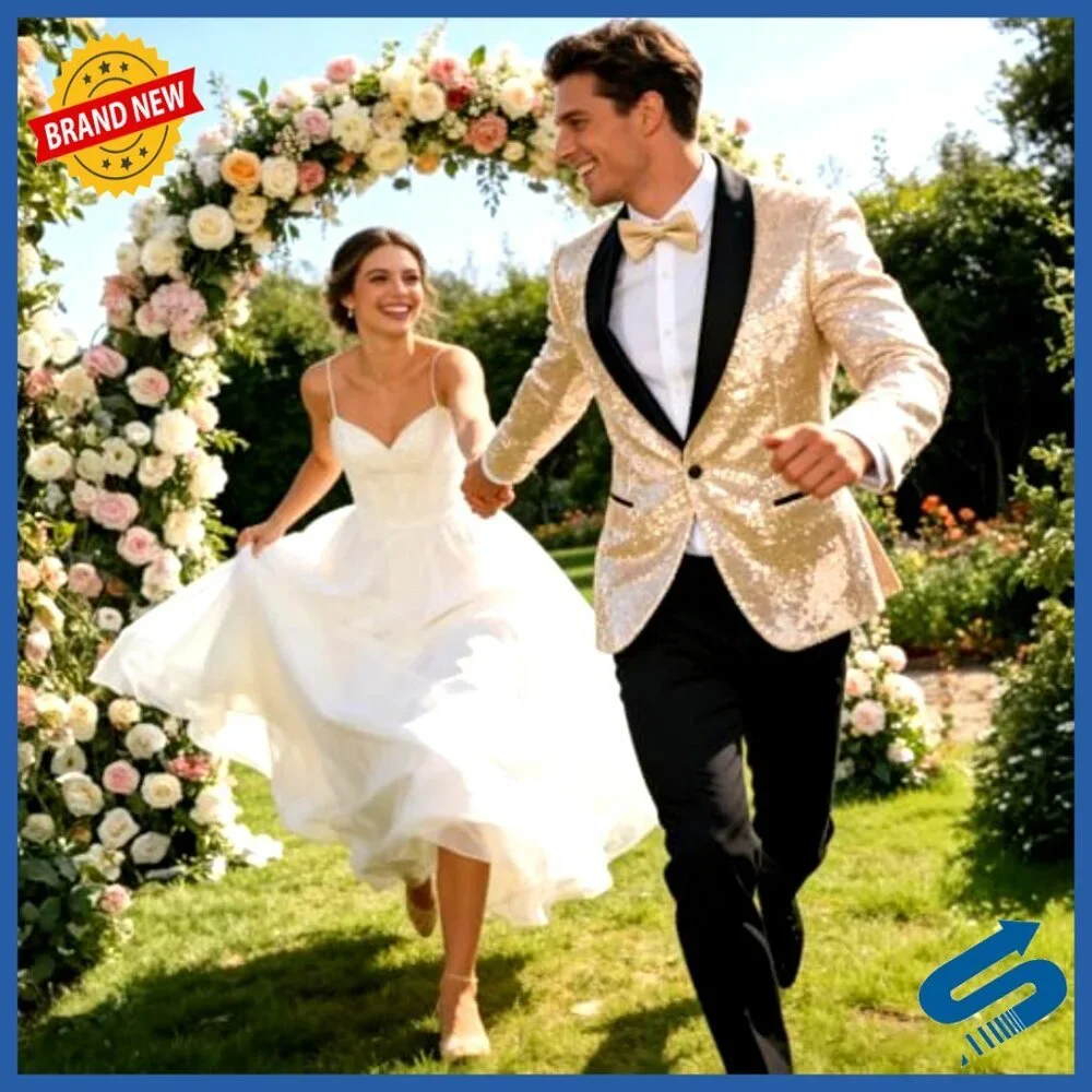 Men's Sequin Tuxedo Suit Set Slim Fit Prom Wedding Party Formal Attire